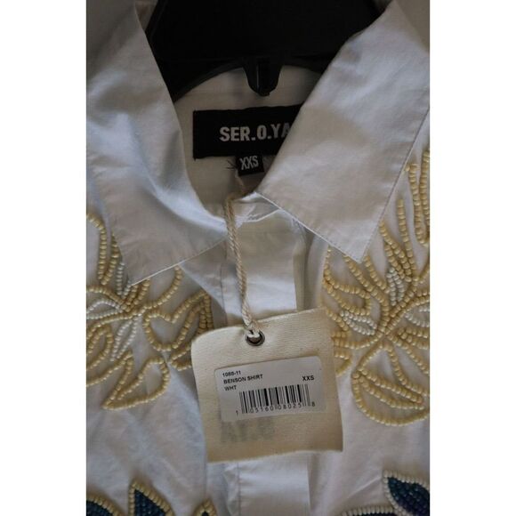 SER.O.YA Women Sz 2XS White Oversized Embellished Beaded Button-Up L/S Shirt - Picture 11 of 13